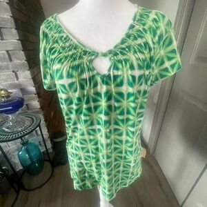 White and Green Ruched Tie Front Short Sleeve Blouse